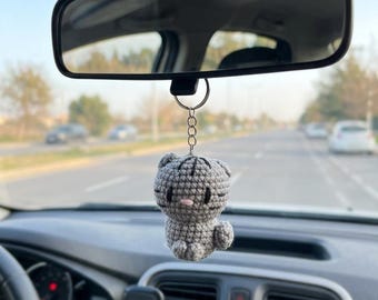 Crochet Gray Cat Keychain, Cute Handmade Kitty Car Charm, Soft Cotton Yarn Rearview Mirror Hanging, Gift for Cat Mom Friend Student Women