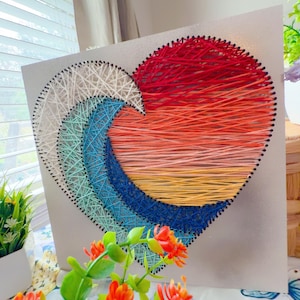 Handmade Sunset Wave Heart String Art, Ocean Inspired Wood Wall Decor