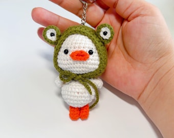 Crochet Duck in Frog Hat Keychain, Handmade Cotton Amigurumi Duckling Bag Charm, Cute Kawaii Animal Keyring, Unique Duck Lover Gift