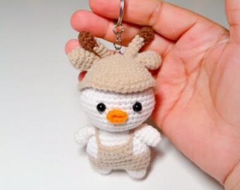 Crochet Duck Keychain, Reindeer Amigurumi Bag Charm, Handmade Animal Plush Keyring, Christmas Fall Gift for Kids Stocking Stuffer Coworker