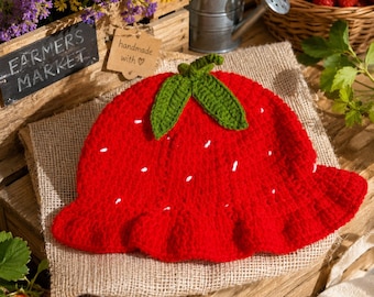 Handmade Crochet Strawberry Bucket Hat, Red Fruit Sun Hat with Ruffle Brim, Cute Cottagecore Summer Accessory, Kawaii Gift for Her, Y2K hat