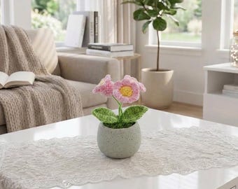 Crochet Daisy & Bell Flower Pot, Emotional Support Plant, Handmade Ceramic Pottery Floral Decor, Cute Knitted Plant Set, Home Decor Gift