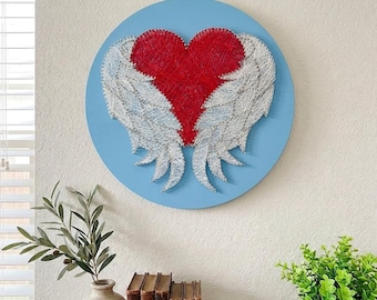 Angel Wings Heart String Art Wall Decor, Handmade Nail Thread Hanging | Memorial Sympathy Gift for Loss, Guardian Angel Nursery Decor
