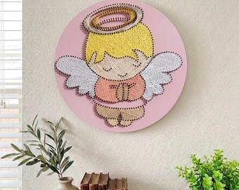 Handmade Baby Angel String Art, Pastel Boho Nursery Decor, Wooden Nail Art Wall Hanging