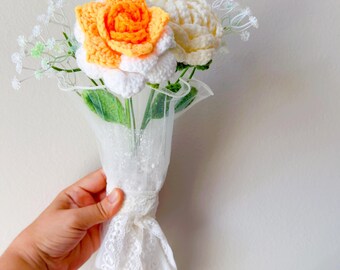 Crochet Flower Bouquet, Handcrafted Yellow White Rose Wedding Bouquet, Forever Crochet Roses, Anniversary Gift for Her, Cute Floral Gift
