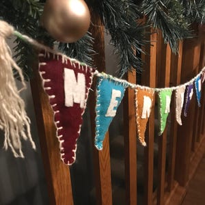 Merry + Bright Felt Banner | Festive Wall Hanging | Letter Garland | Stuffed Pennant Sign | Holiday Decor