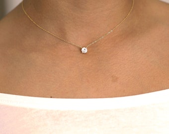 Diamond Solitaire Necklace/ Minimalist Diamond Necklace/ Silver Diamond Necklace/ Birthday Gift/ Gold Choker Necklace /Dainty Necklac