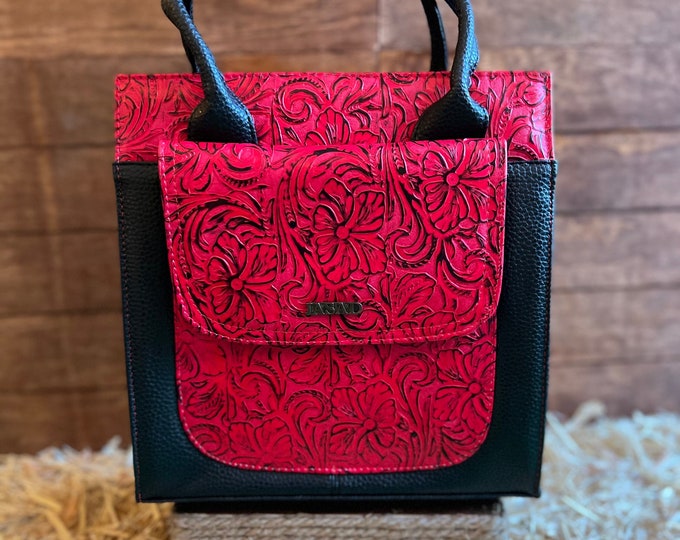 Women Hand Tooled Embossed Leather RED Bag Bolsa de Piel Cincelada Impresa Dama Vaquera