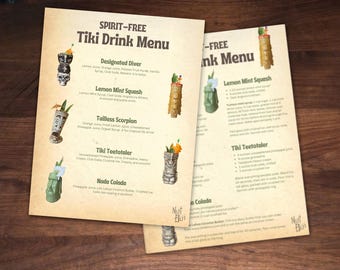 Spirit-Free Printable Tiki Menu and Recipe Drink Menu - Tropical Drink Menu & Recipes