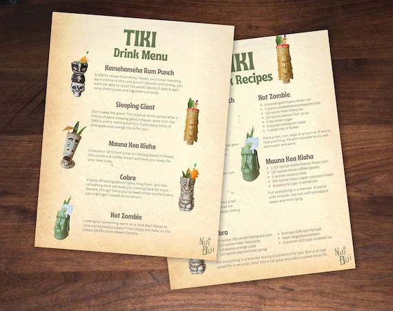 Printable Drink Menu and Recipe Printout for Tiki Bar - Tropical Drink Menu & Recipes