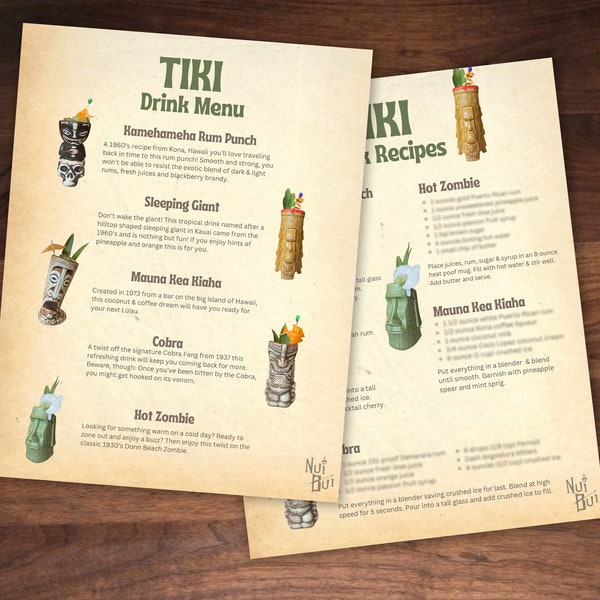 Printable Drink Menu and Recipe Printout for Tiki Bar - Tropical Drink Menu & Recipes