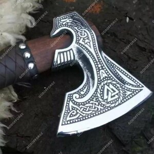 BLACK FRIDAY SALE | Personalized Viking Axe Engraved Carbon Steel Blade, with Leather Sheath, Best Christmas Gift for him or Dad, Nordic axe image 3