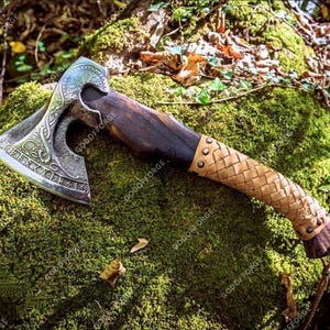 BLACK FRIDAY SALE | Personalized Viking Axe Engraved Carbon Steel Blade, with Leather Sheath, Best Christmas Gift for him or Dad, Nordic axe image 9