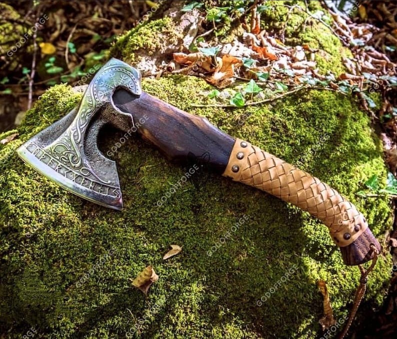 BLACK FRIDAY SALE | Personalized Viking Axe Engraved Carbon Steel Blade, with Leather Sheath, Best Christmas Gift for him or Dad, Nordic axe image 9