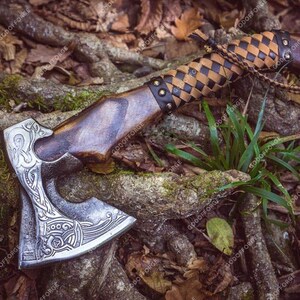 BLACK FRIDAY SALE | Personalized Viking Axe Engraved Carbon Steel Blade, with Leather Sheath, Best Christmas Gift for him or Dad, Nordic axe image 6