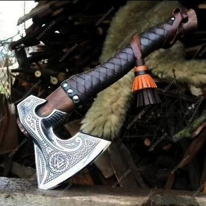 BLACK FRIDAY SALE | Personalized Viking Axe Engraved Carbon Steel Blade, with Leather Sheath, Best Christmas Gift for him or Dad, Nordic axe image 2