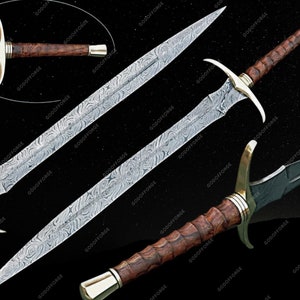 May include: A silver sword with a brown wooden handle and a decorative metal pommel. The blade is decorated with a swirling pattern.