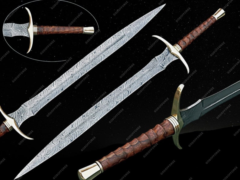 May include: A silver sword with a brown wooden handle and a decorative metal pommel. The blade is decorated with a swirling pattern.