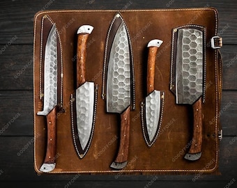 Handmade Damascus Chef Knife Set: Rosewood Handle, Leather Bag