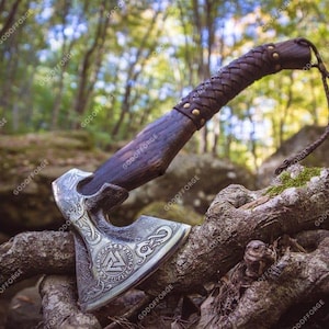 BLACK FRIDAY SALE | Personalized Viking Axe Engraved Carbon Steel Blade, with Leather Sheath, Best Christmas Gift for him or Dad, Nordic axe VALKNUT AXE
