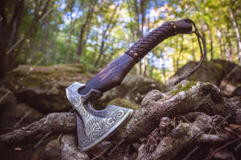 BLACK FRIDAY SALE | Personalized Viking Axe Engraved Carbon Steel Blade, with Leather Sheath, Best Christmas Gift for him or Dad, Nordic axe VALKNUT AXE