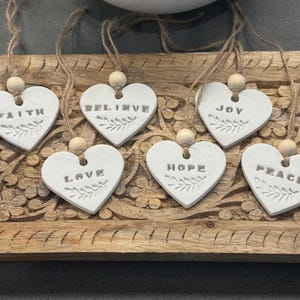 Clay Heart Ornament – Believe, Faith, Hope, Joy, Love, Merry, Noel, Peace, Christmas Tag W/Bead, Essential Oil Diffuser