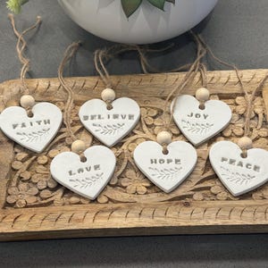 Clay Heart Ornament – Believe, Faith, Hope, Joy, Love, Merry, Noel, Peace, Christmas Tag W/Bead, Essential Oil Diffuser