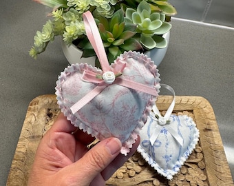 Hand-Sewn Lavender Heart Sachets, Toile Fabric Drawer Freshener, Shower Favors