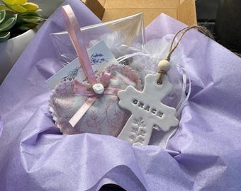 Caja de regalo para el Día de la Madre, té de tina, cruz de arcilla, bolsita de lavanda, bendición, regalo para bautizo/bautismo/estudio bíblico/duelo