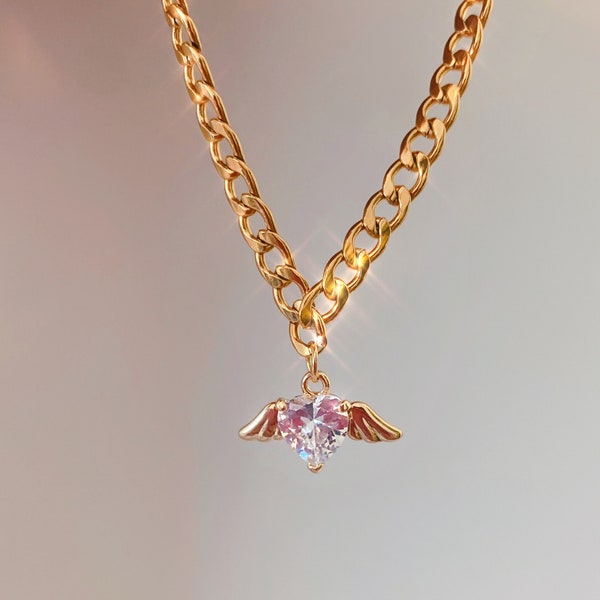 Gold Filled Cuban Link Y2K Cyber Trendy CZ Angel Heart With Wings Choker With Extender Chain Adjustable Non-Tarnish Stainless Steel