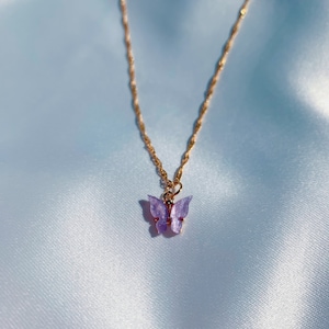 Gold Filled Butterfly Y2K CyberY2K Cute Pearlescent Cottagecore Purple Lilac Violet Pretty Bridesmaids Necklace for Girls Teens Kids Women