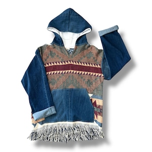 Hoodie Rework Denim Clothing Upcycled Vintage Tapestry Hoodie Small Unisex Size Hoodie Men Hoodie for Women Upcycled Clothing Cottage Core