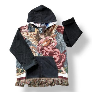 Hoodie Rework Denim Clothing Upcycled Vintage Tapestry Hoodie Large Unisex Size Hoodie Men Hoodie for Women Upcycled Clothing Cottage Core
