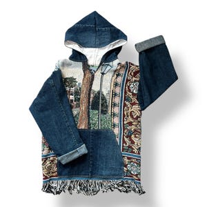 Hoodie Rework Denim Clothing Upcycled Vintage Tapestry Hoodie Medium Unisex Size Hoodie Men Hoodie for Women Upcycled Clothing Cottage Core