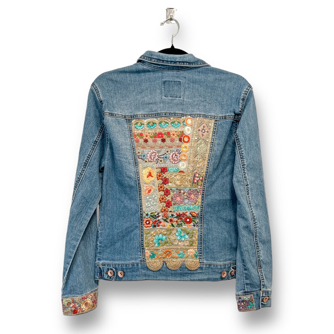 Patchwork Embroidery Denim Jacket Embellished Jean Jacket Reworked ...