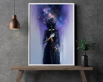Nocturne Bloom – Black Rose in the Cosmic Nebula | Digital Download | Printable in XXL up to A0 and larger | Dark Wall Art