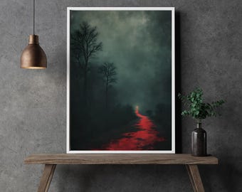 Dark Landscape Wall Art ‘Crimson Path’ | Digital download for XXL print up to A0 | Cloud forest with red river in emerald & carmine