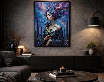 Velvet Night Muse – Woman with Dark Rose and Starry Hair | High-quality art print on 230g FSC paper | Dark Wall Art