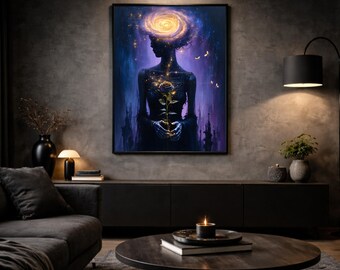 Galactic Devotion – Silhouette with Golden Rose | High-quality art print on 230g FSC paper | Dark Wall Art