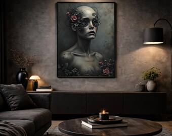 Dark Surreal Wall Art ‘Obsidian Bloom’ | Mystical portrait of a woman with roses and steampunk details | High-quality art print - 230g FSC paper