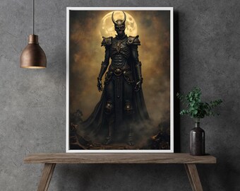 Dark Fantasy Wall Art ‘Eclipse Warden’ | Digital Download for XXL Print up to A0 | Demonic Warrior with Moon in Black & Gold