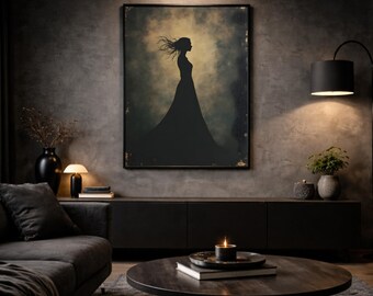Dark Silhouette Wall Art ‘Silent Eclipse’ | Mystical female silhouette with flowing hair | High-quality art print on 230g FSC paper