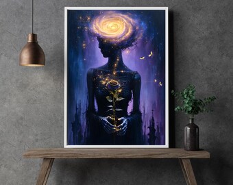 Galactic Devotion – Silhouette with Golden Rose | Digital Download | Printable in XXL up to A0 and larger | Dark Wall Art
