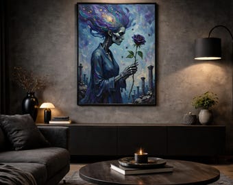 Eternal Courtesy – Skeletal Figure with Purple Rose | High-quality art print on 230g FSC paper | Dark Wall Art