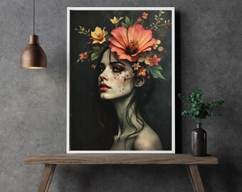Dark Floral Wall Art ‘Crimson Halo’ | Digital Download for XXL Print up to A0 | Mystical Woman's Portrait - Floral Wreath in Emerald & Coral
