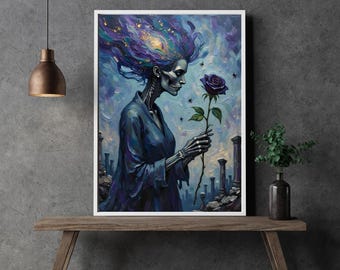 Eternal Courtesy – Skeletal Figure with Purple Rose | Digital Download | Printable in XXL up to A0 and larger | Dark Wall Art