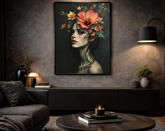 Dark Floral Wall Art ‘Crimson Halo’ | Mystical portrait of a woman with a floral wreath in emerald and coral | High-quality print on 230g FSC paper