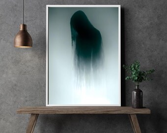 Dark Wall Art Ghost ‘Emerald Veil’ | Mystical silhouette in emerald & mist | High-quality art print on 230g FSC paper