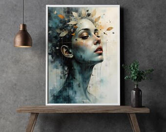 Veiled Reverie – an otherworldly portrait with floating leaves | Digital download | Printable in XXL up to A0 and larger | Dark wall art