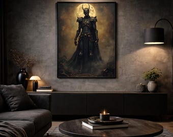 Dark Fantasy Wall Art ‘Eclipse Warden’ | Demonic Warrior with Moon & Golden Accents | High-quality art print on 230g FSC paper